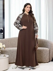 Al Najma Đầm kiểu Ả Rập tay dài phối patchwork kẻ caro cho nữ size lớn - Cà phê nâu - Xem 6
