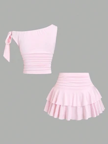 Sweetra Women's Summer Bronze Metallic Floral Camisole & Pleated Layered Mini Skirt Set - Pink - View 2