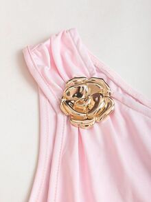 Sweetra Women's Summer Bronze Metallic Floral Camisole & Pleated Layered Mini Skirt Set - Pink - View 6