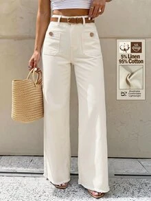 Selenza Plus Size Women's Pocket Design Wide Leg Loose Casual Modest Denim Jeans Formal Club White Summer - Beige - View 6