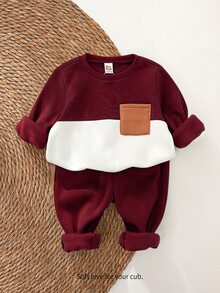 Cozy Pixies 2pcs Baby Boy Contrast Color Patch Pocket Knitted Soft Round Neck Long Sleeve Pullover Autumn Top And Cuffed Pants Set - Burgundy - View 9