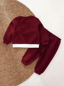Cozy Pixies 2pcs Baby Boy Contrast Color Patch Pocket Knitted Soft Round Neck Long Sleeve Pullover Autumn Top And Cuffed Pants Set - Burgundy - View 2