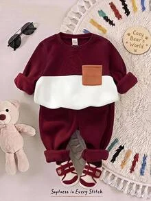 Cozy Pixies 2pcs Baby Boy Contrast Color Patch Pocket Knitted Soft Round Neck Long Sleeve Pullover Autumn Top And Cuffed Pants Set - Burgundy - View 1