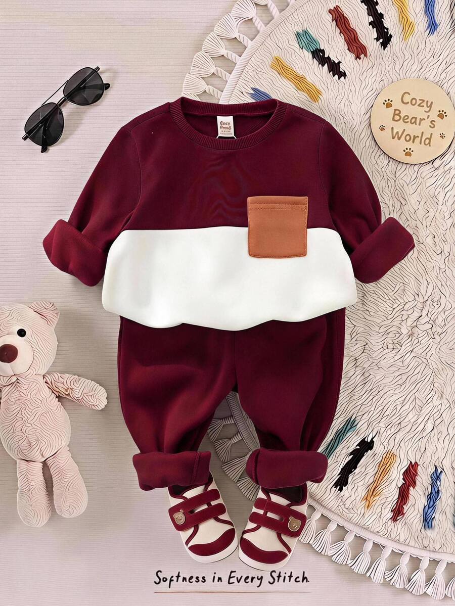 Cozy Pixies 2pcs Baby Boy Contrast Color Patch Pocket Knitted Soft Round Neck Long Sleeve Pullover Autumn Top And Cuffed Pants Set - Burgundy - View 1