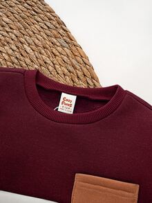 Cozy Pixies 2pcs Baby Boy Contrast Color Patch Pocket Knitted Soft Round Neck Long Sleeve Pullover Autumn Top And Cuffed Pants Set - Burgundy - View 4