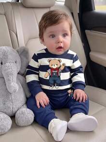 Baby Boys Navy Blue White Striped Bear Print Loose Sweatshirt Set Autumn Long Sleeve Sweaters And Pants Back To School Casual Outfits - Multicolor - View 4