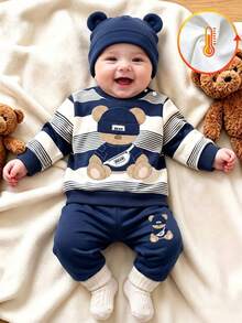2pcs Newborn Baby Sets Casual Kawaii Cute Navy Blue White Striped Patchwork Loose Fit Shoulder Button Long Sleeve Autumn Winter Family Matching - Multicolor - View 1