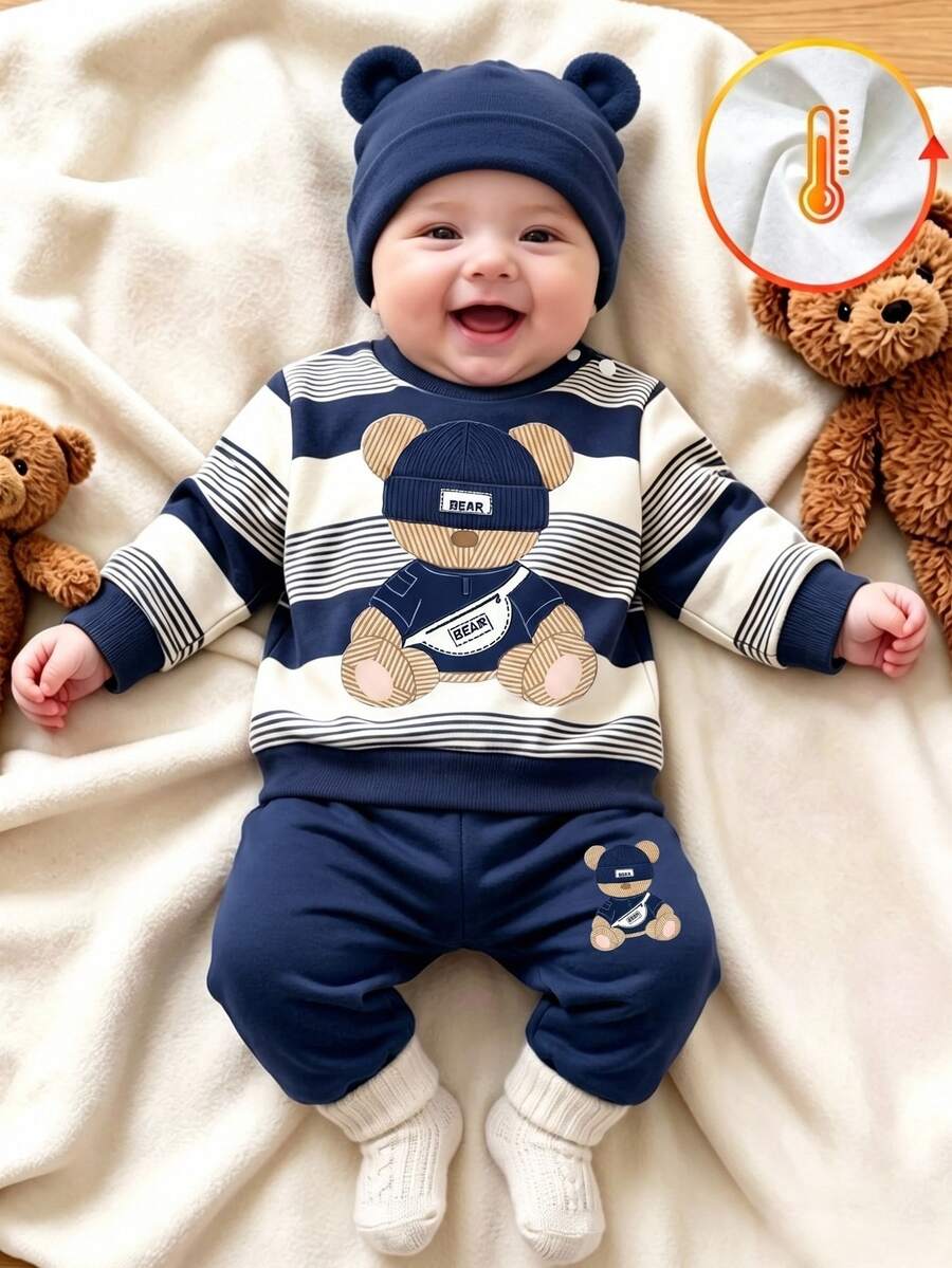2pcs Newborn Baby Sets Casual Kawaii Cute Navy Blue White Striped Patchwork Loose Fit Shoulder Button Long Sleeve Autumn Winter Family Matching - Multicolor - View 1