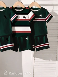 SHEIN 男嬰 1 套隨機組合 短袖 T 恤與短褲 綠色條紋 Polo 馬圖案印花 運動風休閒套裝 夏季穿搭 - 彩色 - 查看 5