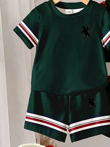 SHEIN 男嬰 1 套隨機組合 短袖 T 恤與短褲 綠色條紋 Polo 馬圖案印花 運動風休閒套裝 夏季穿搭 - 彩色 - 查看 6