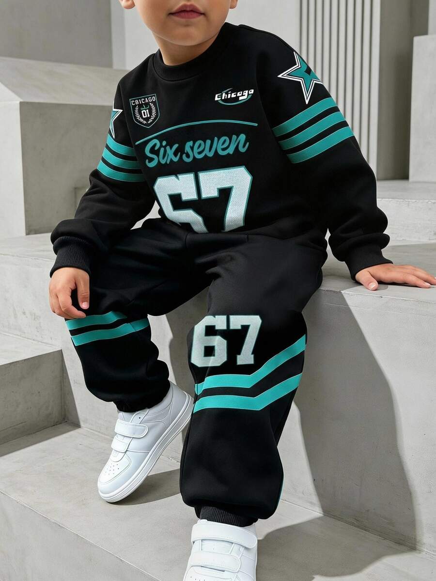 SHEIN 2pcs Young Boys Sweatshirt Set Streetwear Black Cyan Number 67 Print Long Sleeve Loose Round Neck School Fall Casual Y2k Ribbed Sweaters - Multicolor - View 1