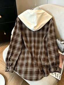 Resyla 女款休閒學院風春夏/秋冬返校連帽拼接格紋長袖襯衫薄外套上衣 日常感恩節棕色格紋 - 棕色 - 查看 2