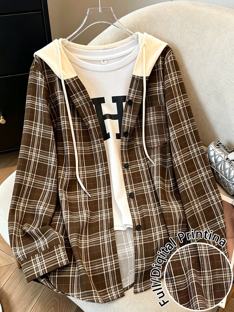 Resyla 女款休閒學院風春夏/秋冬返校連帽拼接格紋長袖襯衫薄外套上衣 日常感恩節棕色格紋 - 棕色 - 查看 1