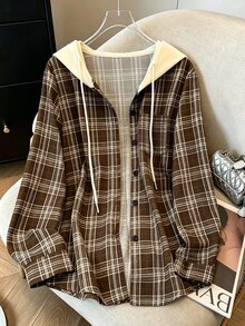 Resyla 女款休閒學院風春夏/秋冬返校連帽拼接格紋長袖襯衫薄外套上衣 日常感恩節棕色格紋 - 棕色 - 查看 4