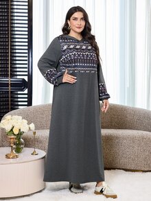 Al Najma Plus Size Women's Colorblock Casual Everyday Hooded Dress - Dark Grey - View 7