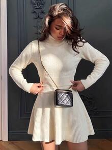Struktiv Autumn/Winter French Girl Style High Neck Knit Sweater And A-Line Pleated Skirt 2 Pieces Set, Ribbed Waist, Minimalist Daily Commute Date Layering Versatile Minimalist Sexy Style Women's Sweater Set - Beige - View 7