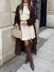 Struktiv Autumn/Winter French Girl Style High Neck Knit Sweater And A-Line Pleated Skirt 2 Pieces Set, Ribbed Waist, Minimalist Daily Commute Date Layering Versatile Minimalist Sexy Style Women's Sweater Set - Beige - View 4