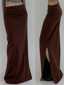 DAZY Women's Solid Color Pleated Extra Long Casual Skirt Fall - Rust Brown - View 8