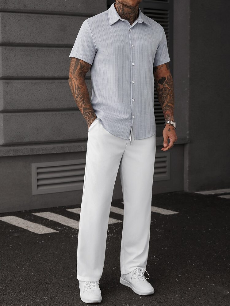 Genlund Men's Light Grey White Short Sleeve Shirt And Long Pants Set Beach Vacation Summer Tropical Casual - Blue - View 3