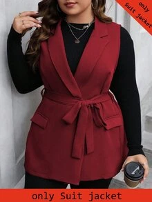 SHEIN Clasi 大尺碼女款純色翻領無袖休閒西裝外套，秋季 Nonly 套裝外套 - 酒紅色 - 查看 1