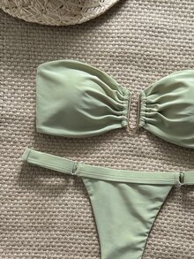 Swim Chiccia Springbreak Women's Solid Color Bandeau Metal Decor Top And Thong Bikini 2-Piece Set, Minimalist Summer Swimwear - Green - View 2