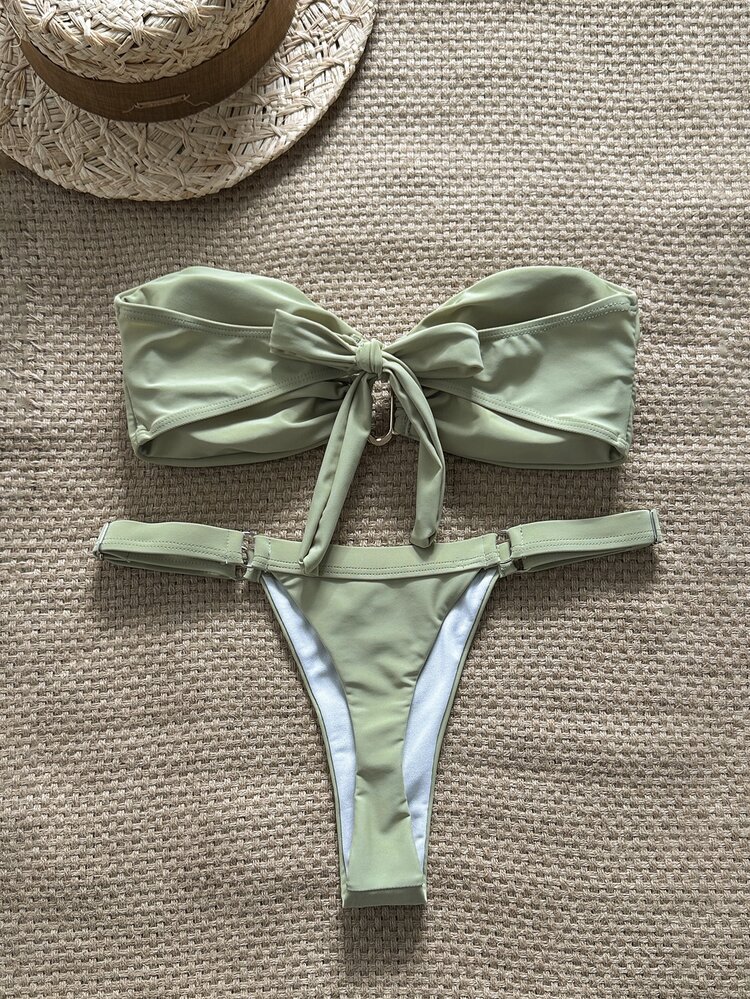 Swim Chiccia Springbreak Women's Solid Color Bandeau Metal Decor Top And Thong Bikini 2-Piece Set, Minimalist Summer Swimwear - Green - View 5