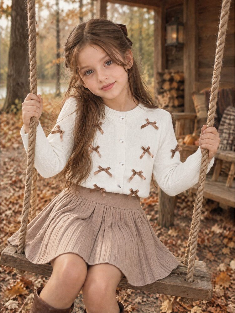 SHEIN Tween Girls Outfit Set White Crew Neck Long Sleeve Bow Knit Cardigan And Beige Pleated Skirt Set - Apricot - View 9