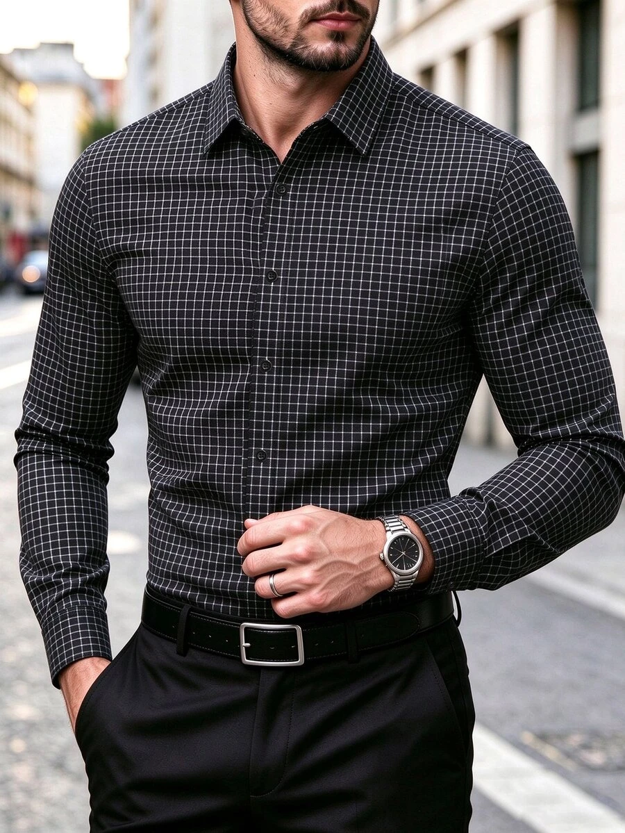 Manfinity Mode Men's Resort-Style Plaid Single-Breasted Long-Sleeve Shirt Business Casual, Formal, Old Money - Black and White - View 1