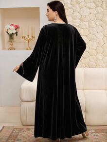 Al Najma Đầm Arab nữ size lớn họa tiết da báo, cài nút thắt dây - màu đen - Xem 2