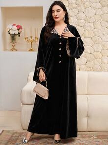 Al Najma Đầm Arab nữ size lớn họa tiết da báo, cài nút thắt dây - màu đen - Xem 7
