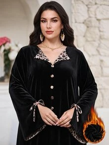 Al Najma Đầm Arab nữ size lớn họa tiết da báo, cài nút thắt dây - màu đen - Xem 1