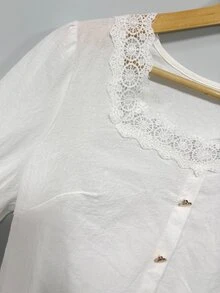 Trelyra Women's Casual Lace Trim Front Button Shirt - White - View 5
