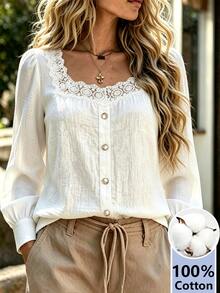 Trelyra Women's Casual Lace Trim Front Button Shirt - White - View 3