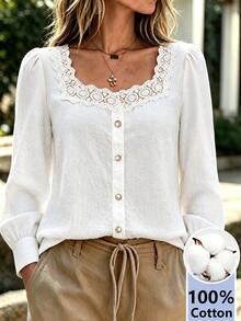Trelyra Women's Casual Lace Trim Front Button Shirt - White - View 4