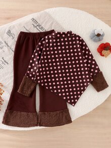SHEIN Genkimix Kids 2件組少女波點毛絨袖口假領波浪邊假領上衣+喇叭褲公主風羅紋針織套裝，適用新年、聖誕派對 - 棕色 - 查看 2