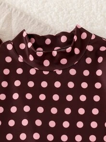 SHEIN Genkimix Kids 2件組少女波點毛絨袖口假領波浪邊假領上衣+喇叭褲公主風羅紋針織套裝，適用新年、聖誕派對 - 棕色 - 查看 4