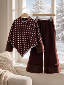 SHEIN Genkimix Kids 2件組少女波點毛絨袖口假領波浪邊假領上衣+喇叭褲公主風羅紋針織套裝，適用新年、聖誕派對 - 棕色 - 查看 6