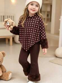 SHEIN Genkimix Kids 2件組少女波點毛絨袖口假領波浪邊假領上衣+喇叭褲公主風羅紋針織套裝，適用新年、聖誕派對 - 棕色 - 查看 3