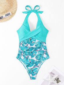 Swim Lushoire 女款植物印花收腹連身泳衣,隨機印花,適合海灘和泳池,夏季 - 薄荷藍 - 查看 5