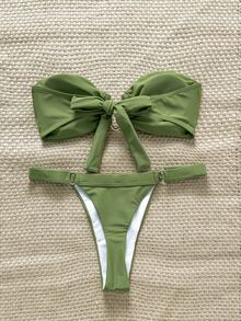 Swim Chiccia Springbreak 女士加大码纯色抹胸金属装饰露肩上衣和丁字裤 2 件套比基尼套装 - 綠色 - 查看 2