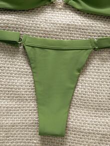 Swim Chiccia Springbreak 女士加大码纯色抹胸金属装饰露肩上衣和丁字裤 2 件套比基尼套装 - 綠色 - 查看 5
