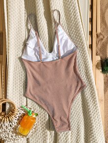 Swim Vcay Women's Striped Special Fabric Spaghetti Strap Adjustable Backless High Leg One-Piece Swimsuit For Vacation - Brown - View 6