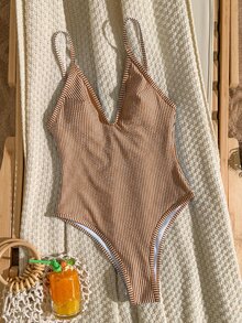 Swim Vcay Women's Striped Special Fabric Spaghetti Strap Adjustable Backless High Leg One-Piece Swimsuit For Vacation - Brown - View 4