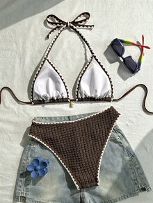 Swim Vcay 女款泳衣套裝，特殊面料掛脖綁帶露背貝殼設計，2件式夏季度假海灘穿搭 - 彩色 - 查看 2