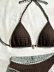 Swim Vcay 女款泳衣套裝，特殊面料掛脖綁帶露背貝殼設計，2件式夏季度假海灘穿搭 - 彩色 - 查看 4
