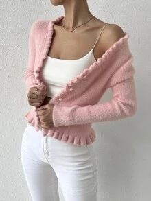 SHEIN Frill Trim Button Front Fuzzy Cardigan Fall Winter Cloth For Women - Baby Pink - View 7