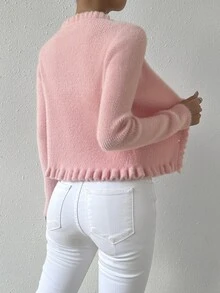 SHEIN Frill Trim Button Front Fuzzy Cardigan Fall Winter Cloth For Women - Baby Pink - View 3