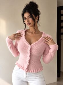SHEIN Frill Trim Button Front Fuzzy Cardigan Fall Winter Cloth For Women - Baby Pink - View 1