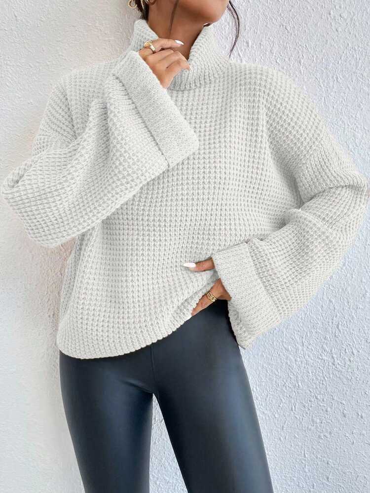 SHEIN Women's Solid Color High Neck Drop Shoulder Long Sleeve Casual Loose Pullover Sweater, Autumn/Winter, Christmas - White - View 6