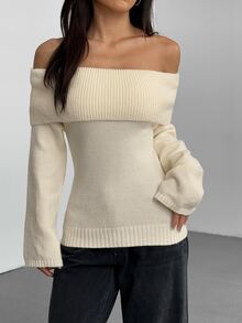 RiviMae Off Shoulder Fold Over Sweater,Long Sleeve Tops Knit Pullover Fall Winter Sweater - Beige - View 6